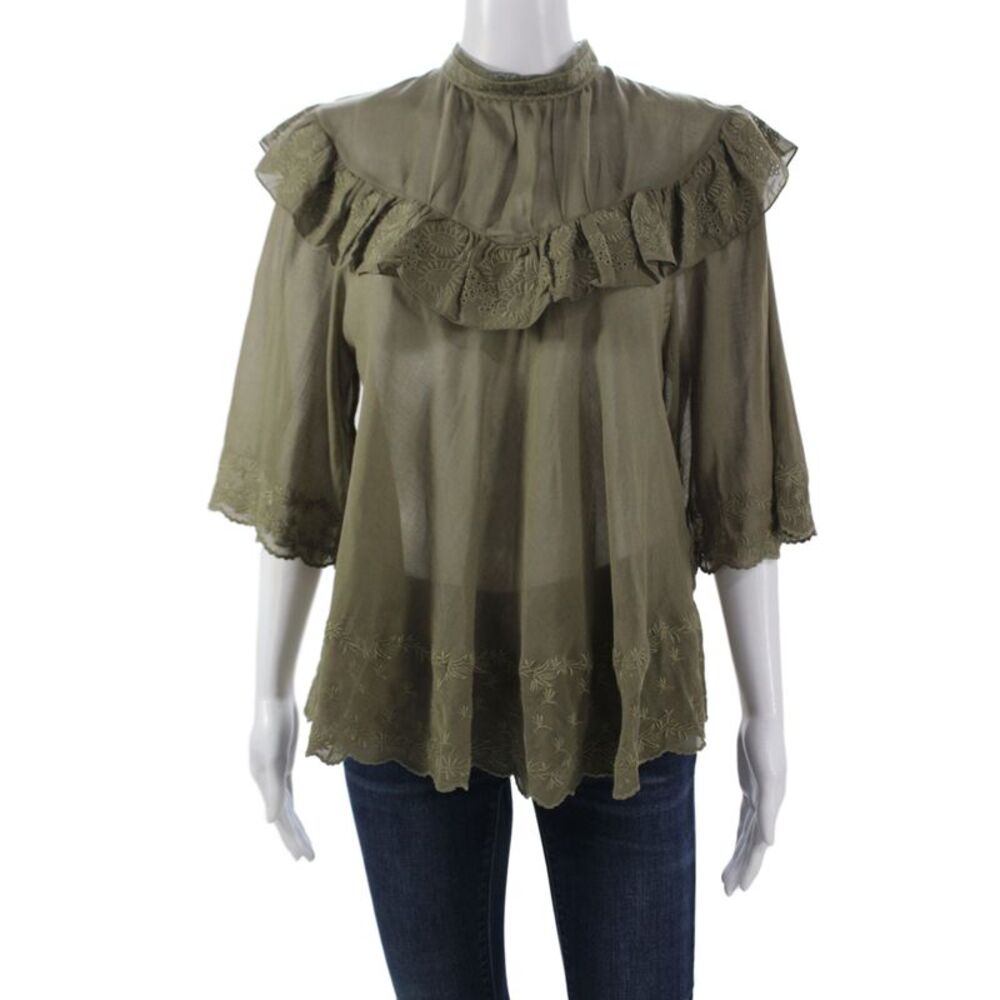 Nili Lotan Women Tunic High Neck 3/4 Sleeve Green Cotton Bohemian Size XS
